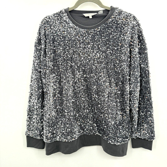 Shiraleah Allover Sequin Sweatshirt Size M Gray Silver Holiday Shimmer Sparkle - Picture 1 of 10